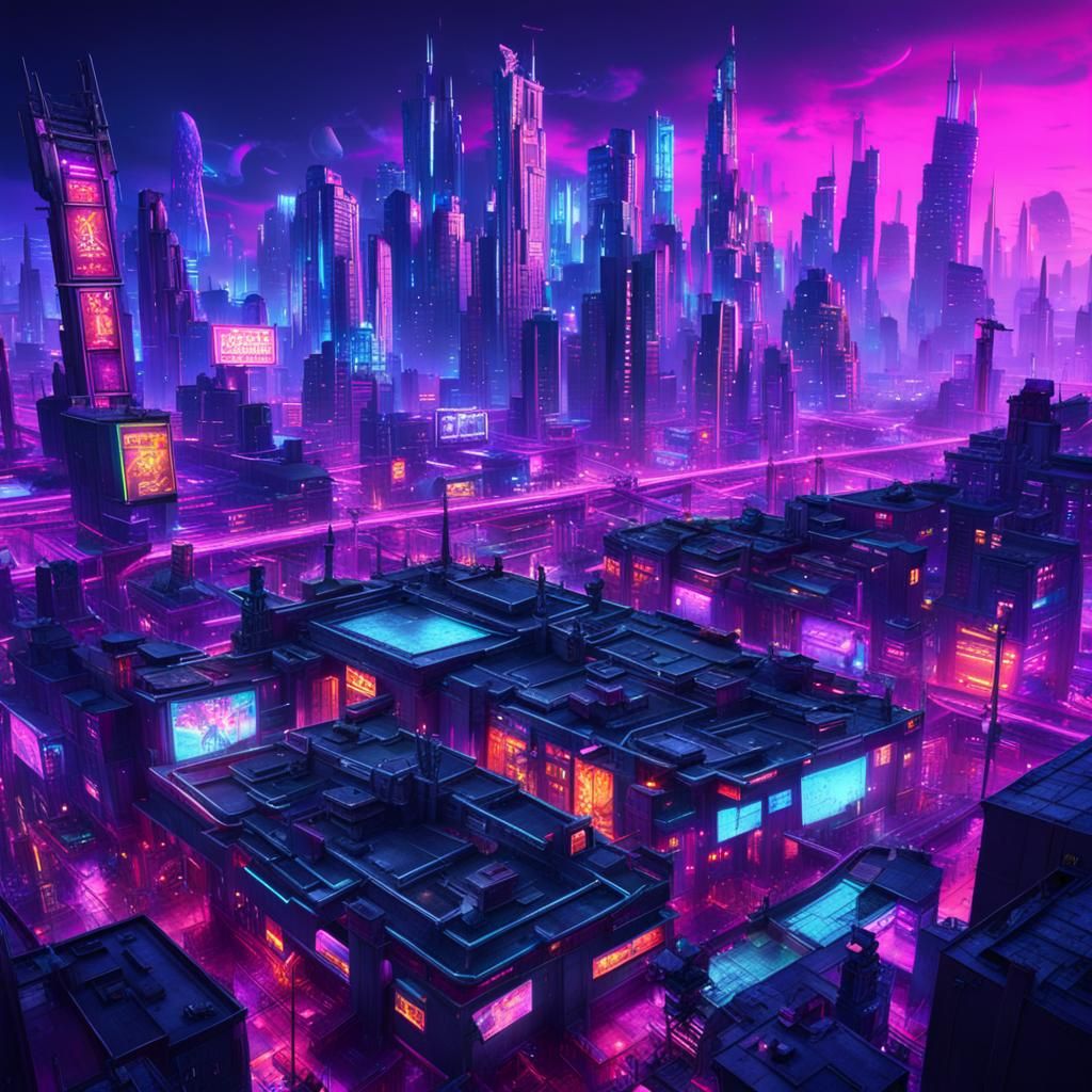 A cyberpunk style city only lit by millions of neon lights, clothing ...