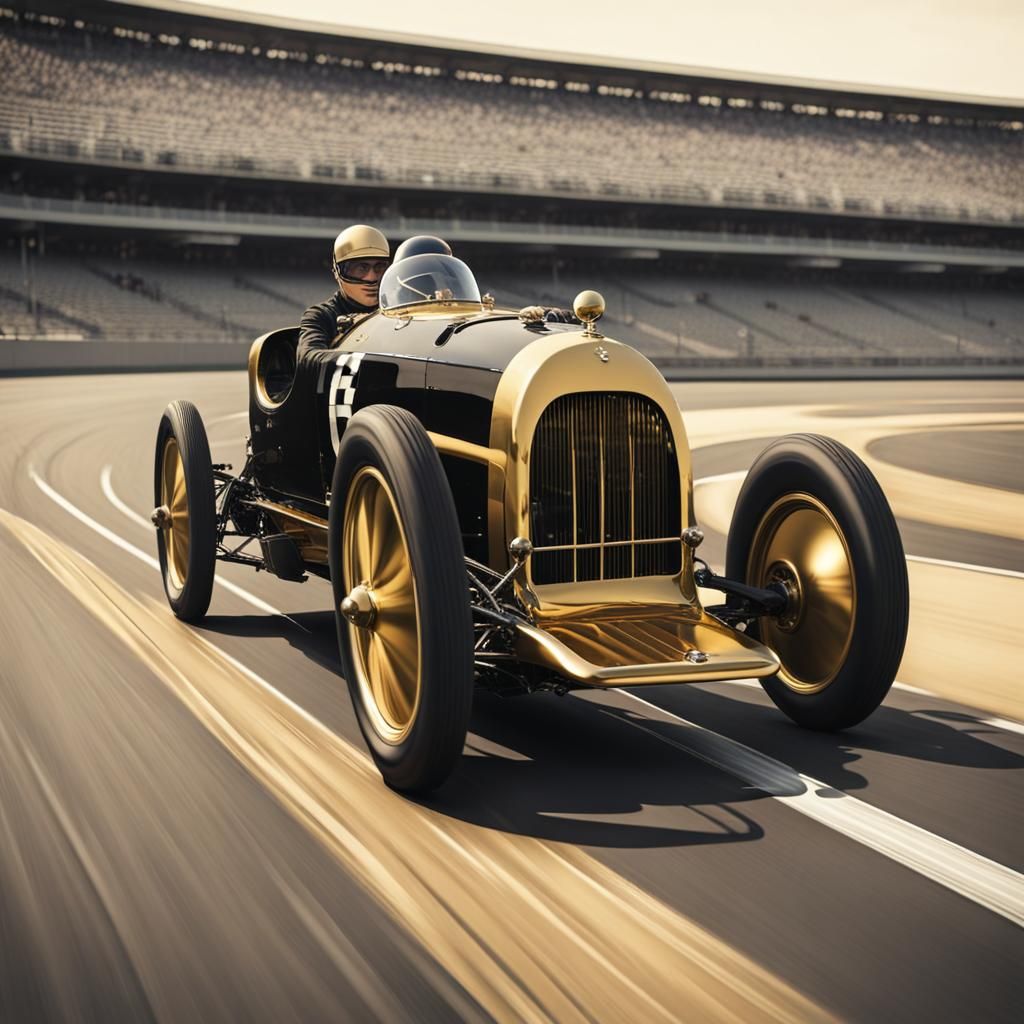 vintage racing car on race track, black and gold livery