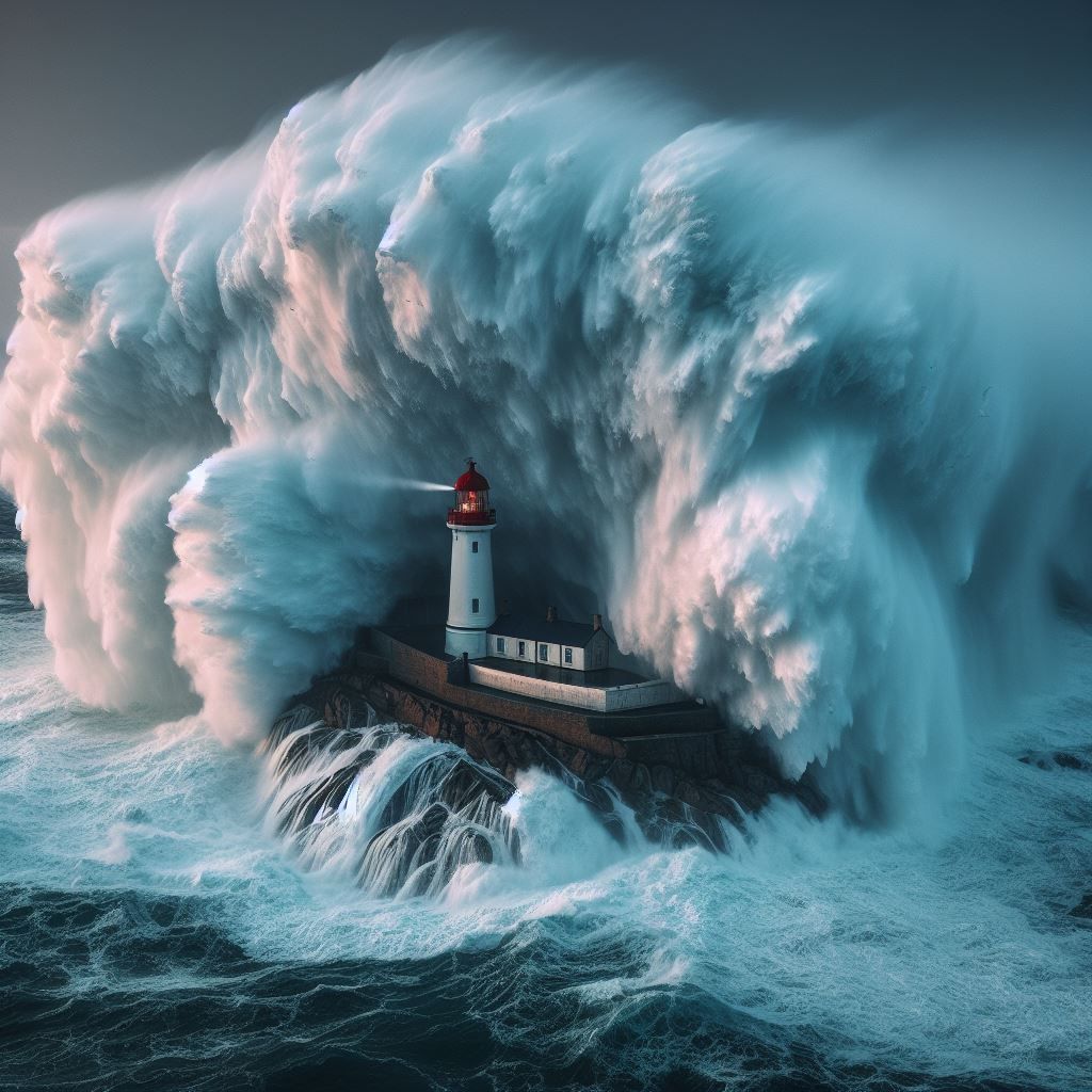 Giant storm waves crashing over a lighthouse
