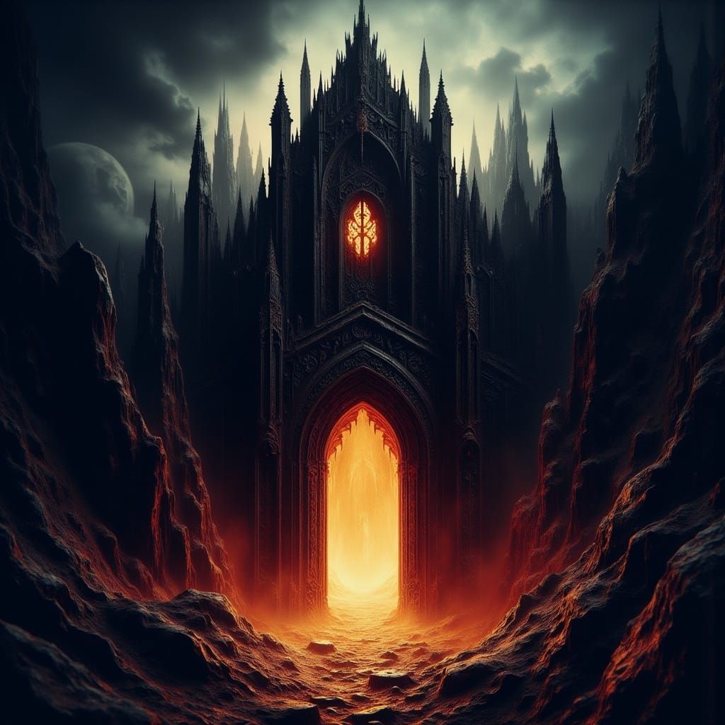  Un palacio de piedra negra sobre una montaña de fuego y grandes puertas<lora:Macabro:1.0>