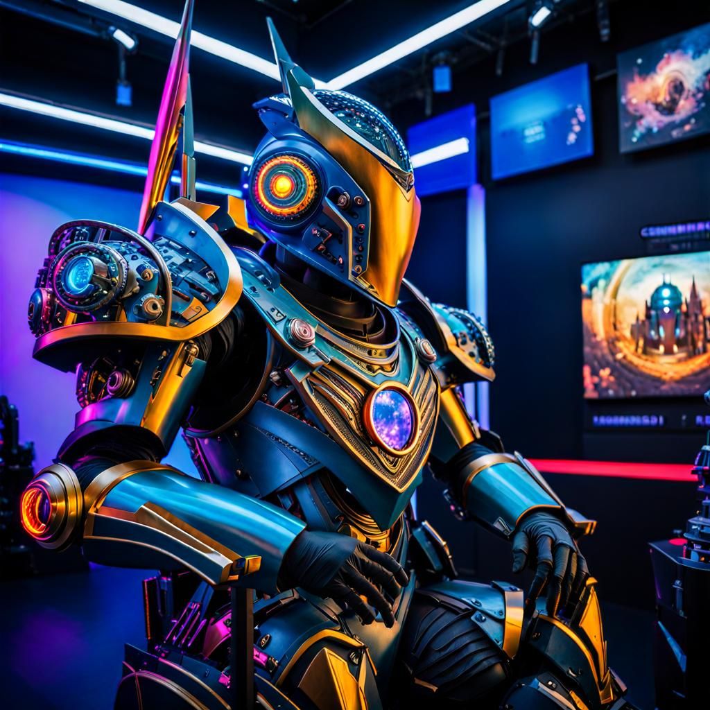 Android medieval knight as navigator sitting in transformer bubblehead robot head, surrounded by futuristic ...  by @Tiny Pearl Cat