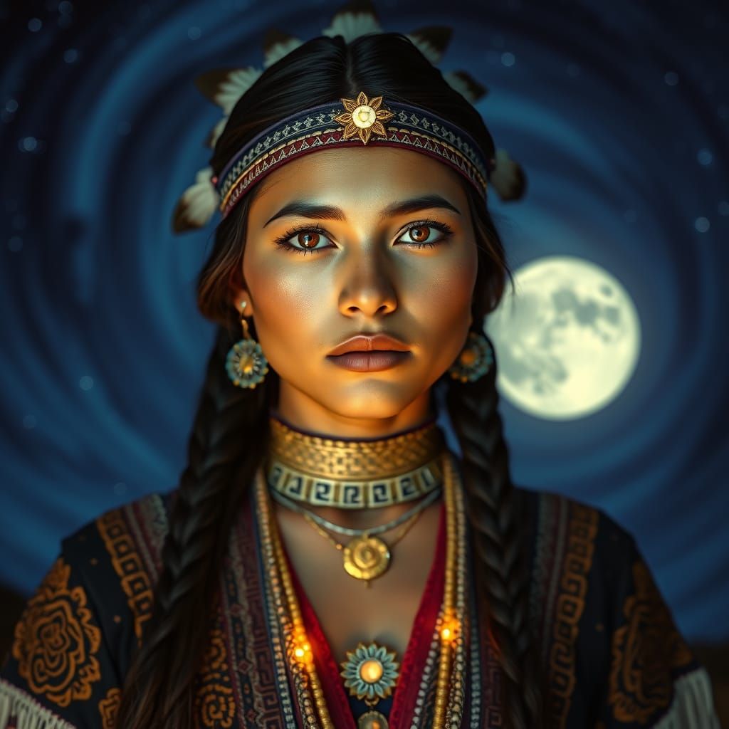 a mystical portrait of a 25-year-old Native American princess set against a swirling, starry night sky. ...  by @Chris