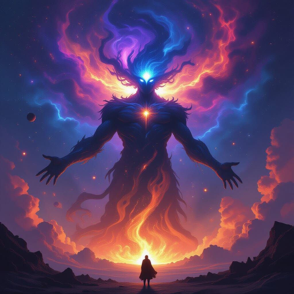 "A colossal ancient cosmic entity awakens from the heart of a dying supernova, its form both terrifying and beautiful as it stretches across...