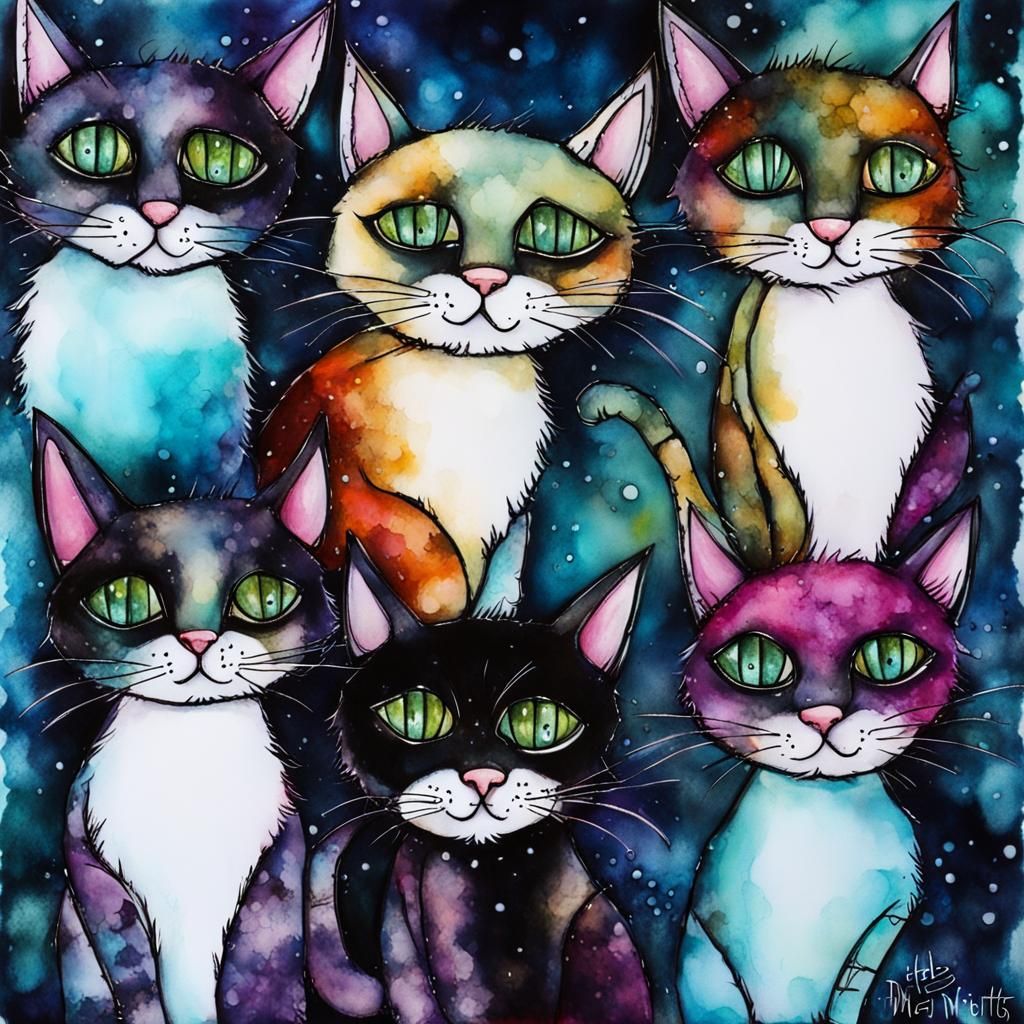 Cats ,whimsical misfits little cats at winter time, alcohol inks ...