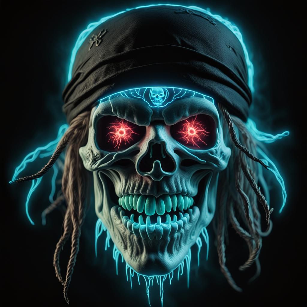 Glowing Neon Horror, ghostly evil pirate face bioluminescent kirlian photography