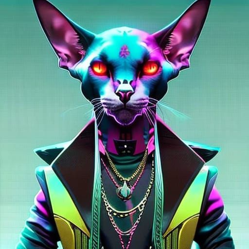 furry anthropomorphic male sphynx cat, cyberpunk, blade runner ...