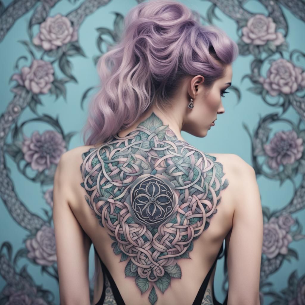 Beautiful woman with an intricate Celtic back tattoo, pastel goth, anemones, stunning,   by @BorderingBedlam