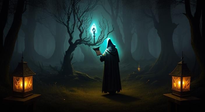A Mystic Figure Holds Ancient Wisdom in a Haunting Forest