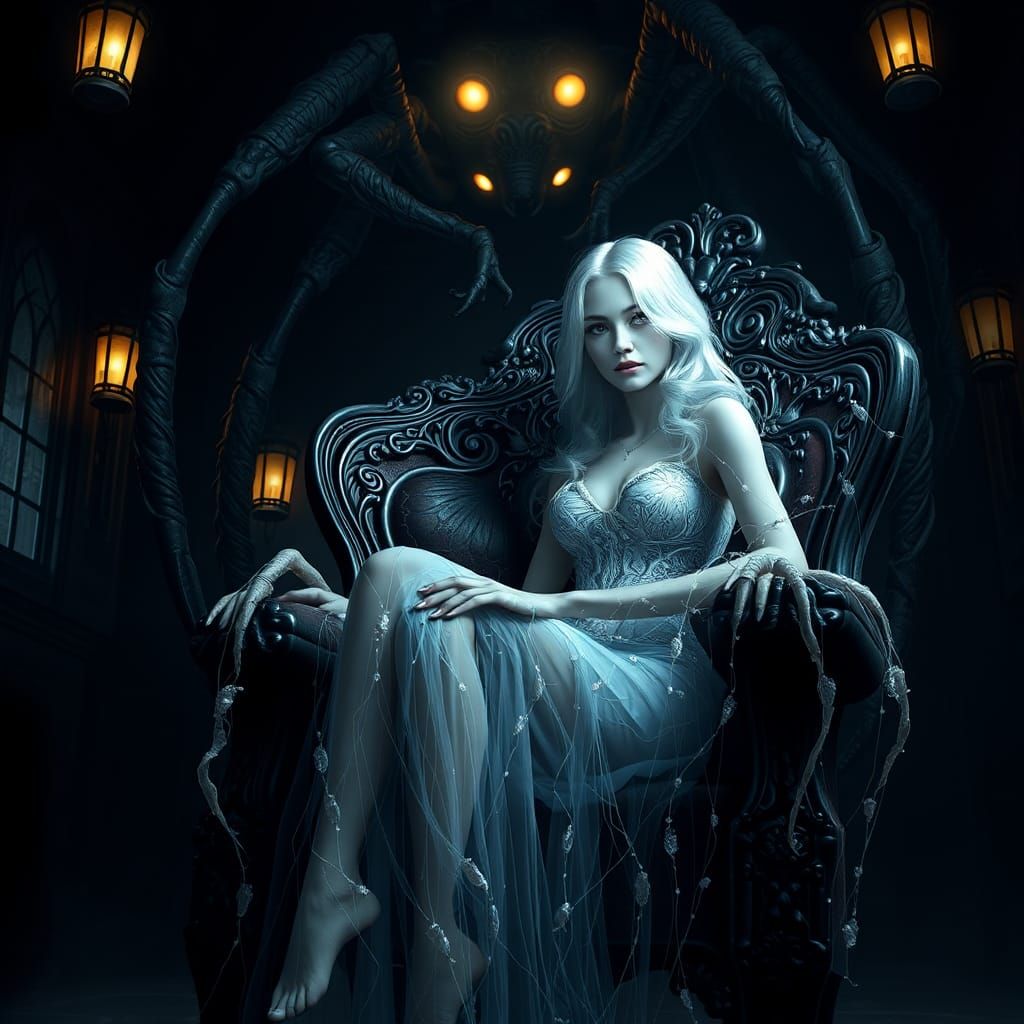 Ethereal Woman in Gothic Chair, Enveloped by Spider Creature...