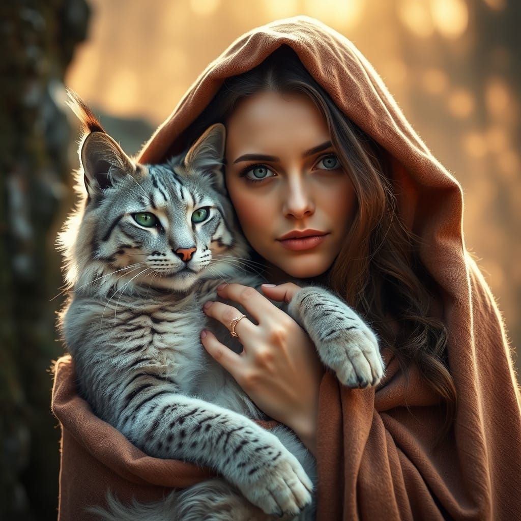 gentle giant flurry Lynx-like Cat in the arms of a woman
  by @fischsuppe