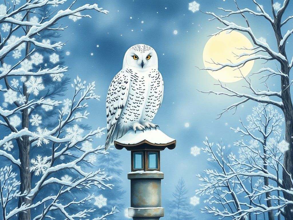 Serene Snowy Owl in Japanese Watercolor Style