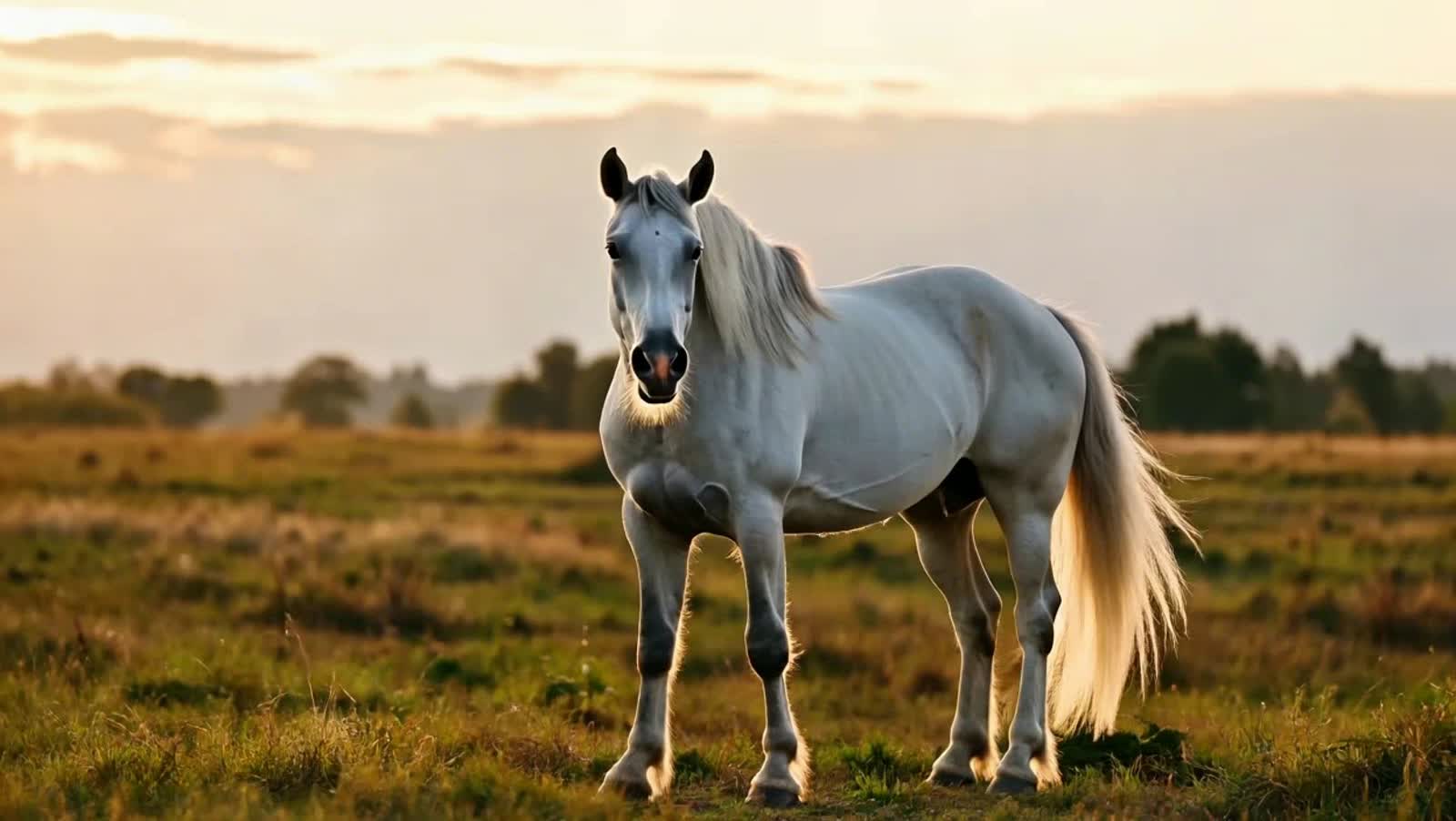 A majestic, proud white horse standing tall in a soft golden light, its head lifted upward with confidence and grace. Th...