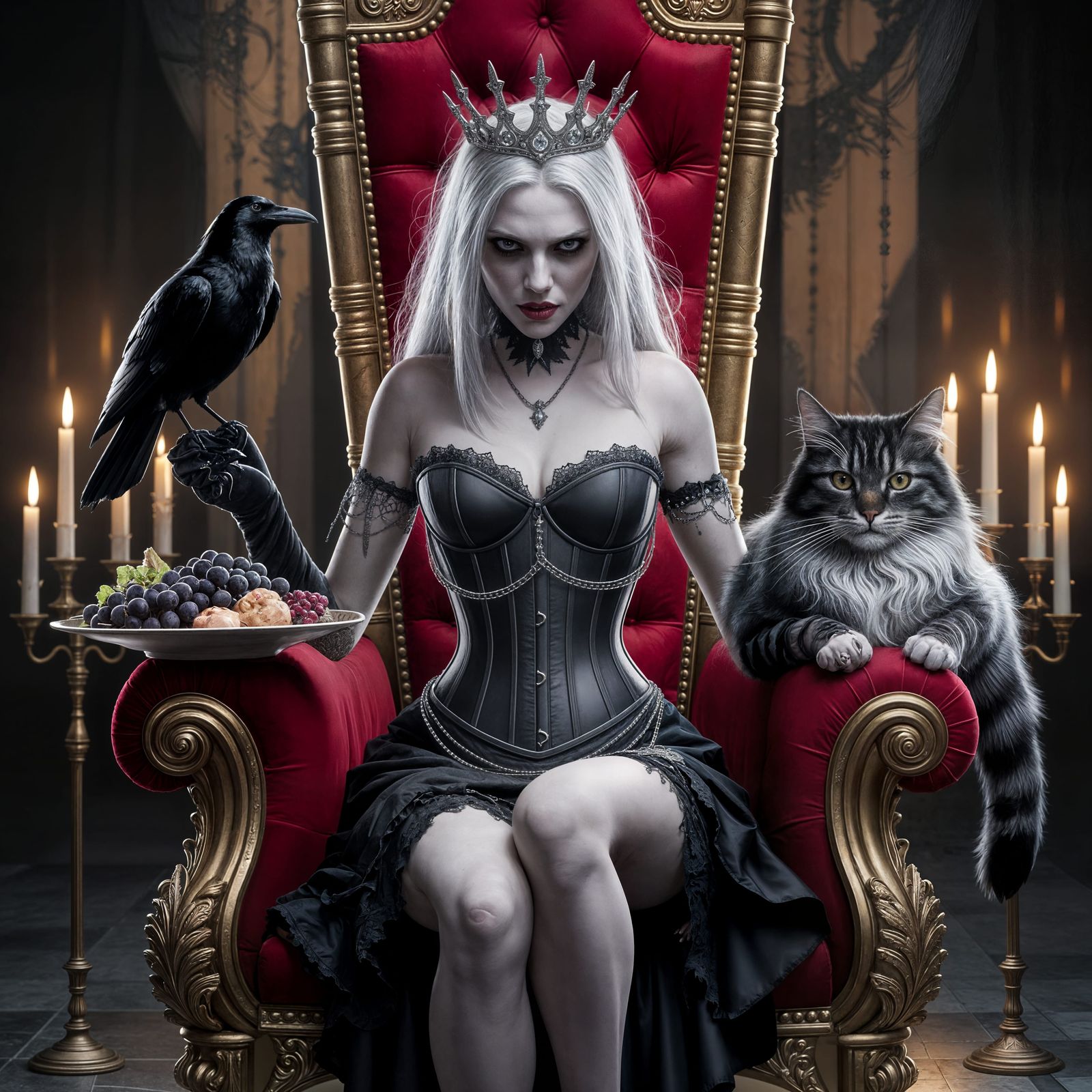 A rebellious gothpunk princess with albino skin and long, white-streaked hair sits contemptuously upon ...  by @PWC Digital Art