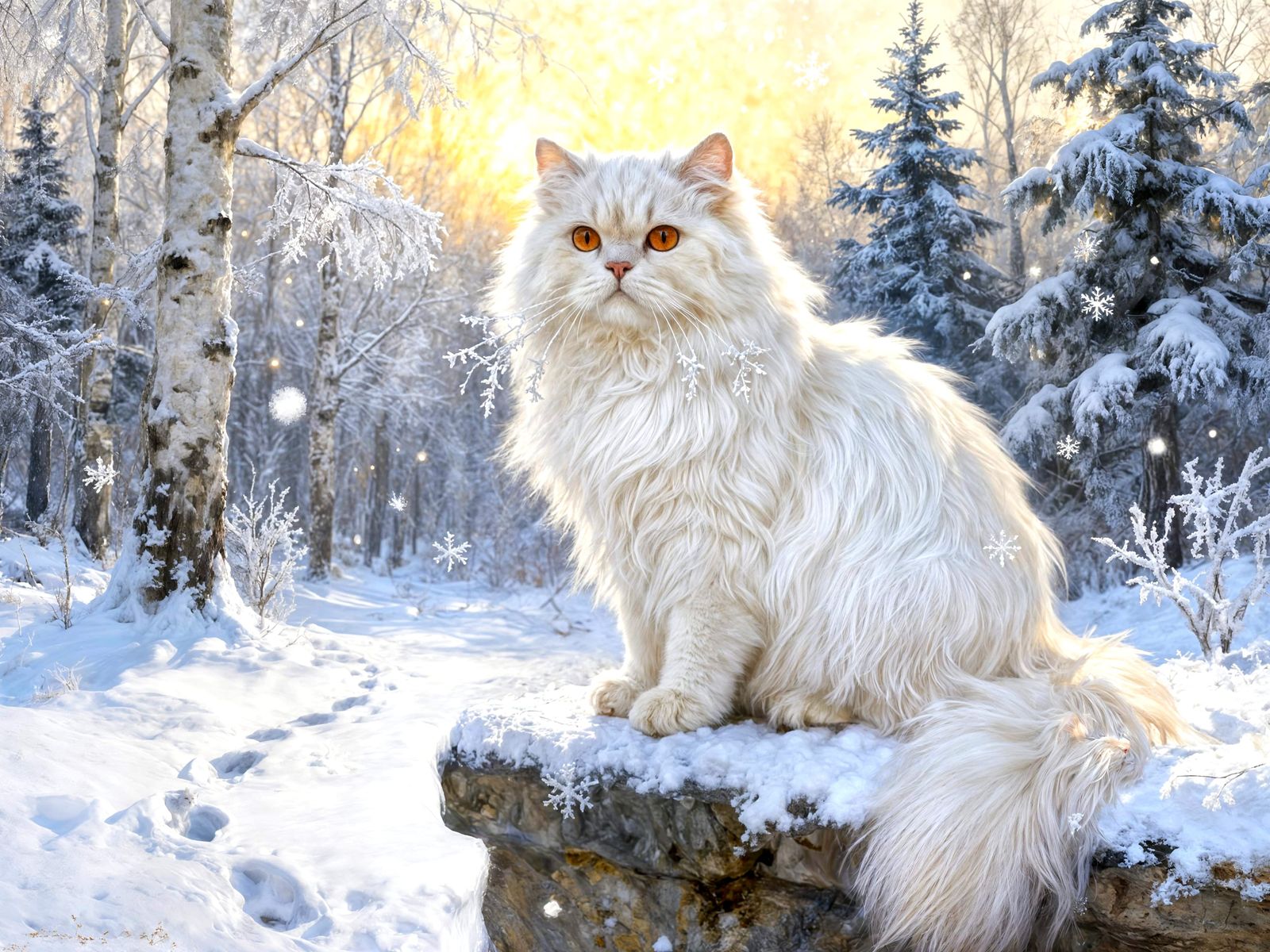 A breathtaking white Persian cat sits gracefully on a snow-dusted stone ledge in a serene winter landscape. ...  by @FluffWuff