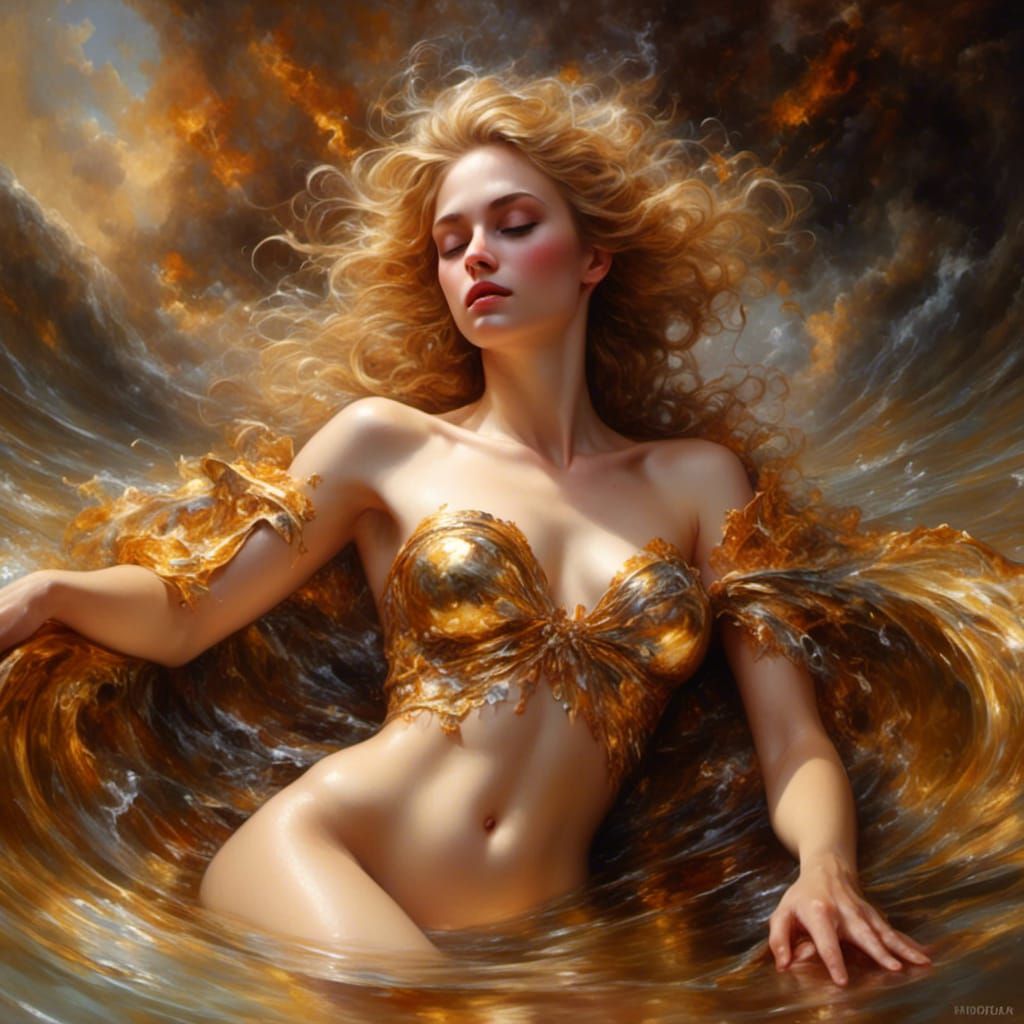 Golden Goddess Emerge from a Radiant Bath, Unveiling Her Bea...