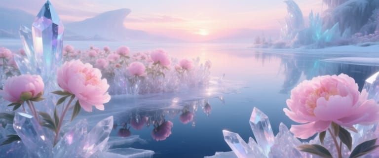“A crystal garden of pink peonies growing across a frozen lake, translucent quartz petals, intricate ice reflections, soft pastel sunrise sk...