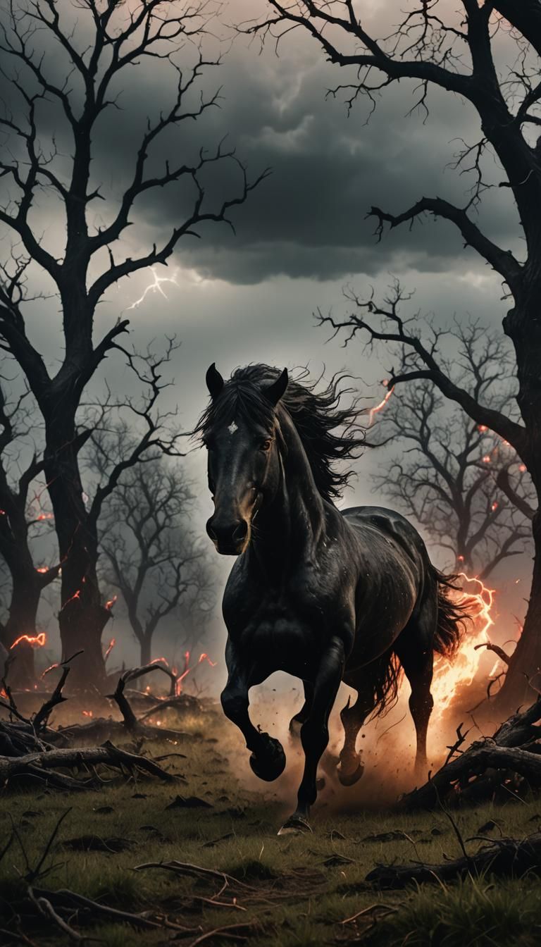 A pitchblack stallion with fiery red eyes gallops through a stormy