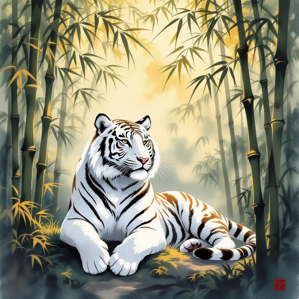 White Tiger in Bamboo Forest, East Asian Ink Wash Style