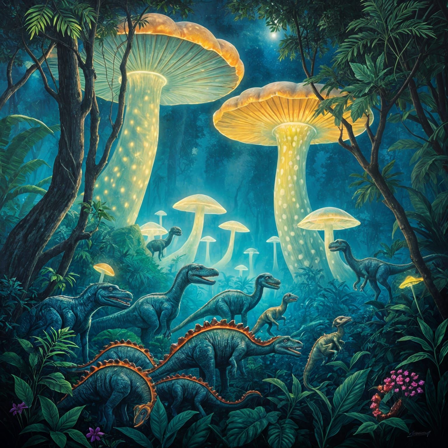 Bioluminescent Dinosaur Rainforest Under Glowing Mushrooms: ...