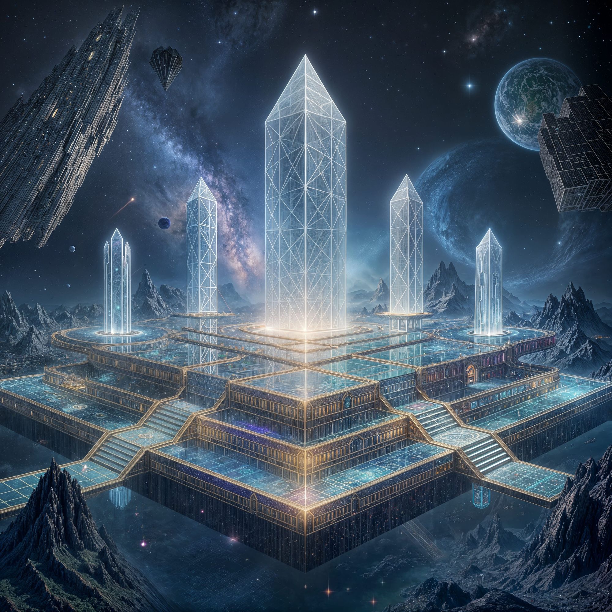 Etheral 15,000 four square city outerspace,  12 gates, 12 layers of gemstone foundations 