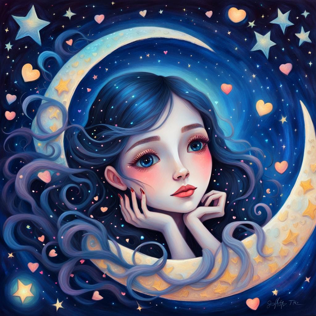 Whimsical Fantasy Girl on Glowing Crescent Moon