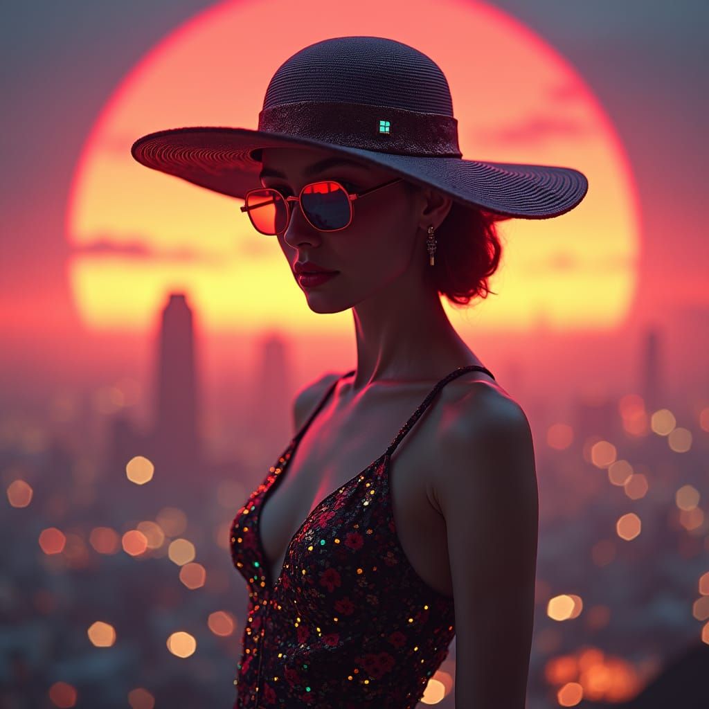 Retro Flapper Girl in Cyberpunk Sunset