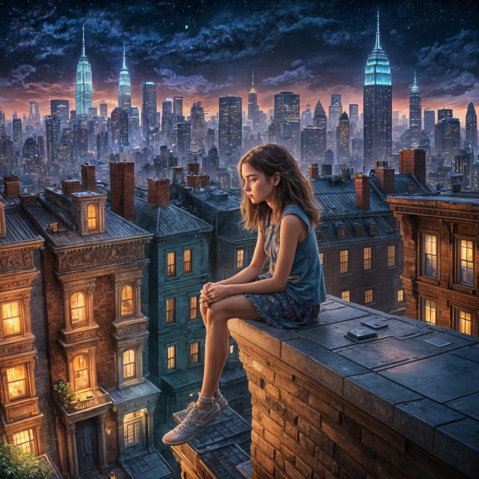 a little girl 12 years old sitting on the edge of the roof of her New York City brownstone high up in the night sky stars swirling above her...