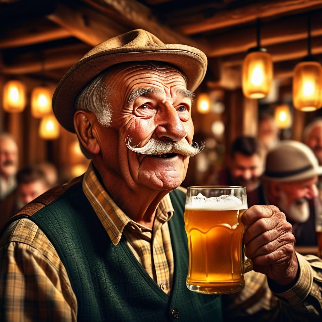 Warm Smile of a Happy Old Uncle in a Bustling Wooden Pub