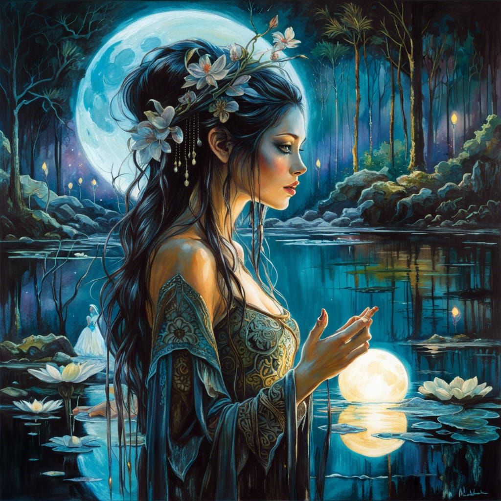 Glowing Dark Fantasy Goddess Emerges from Lotus Pond