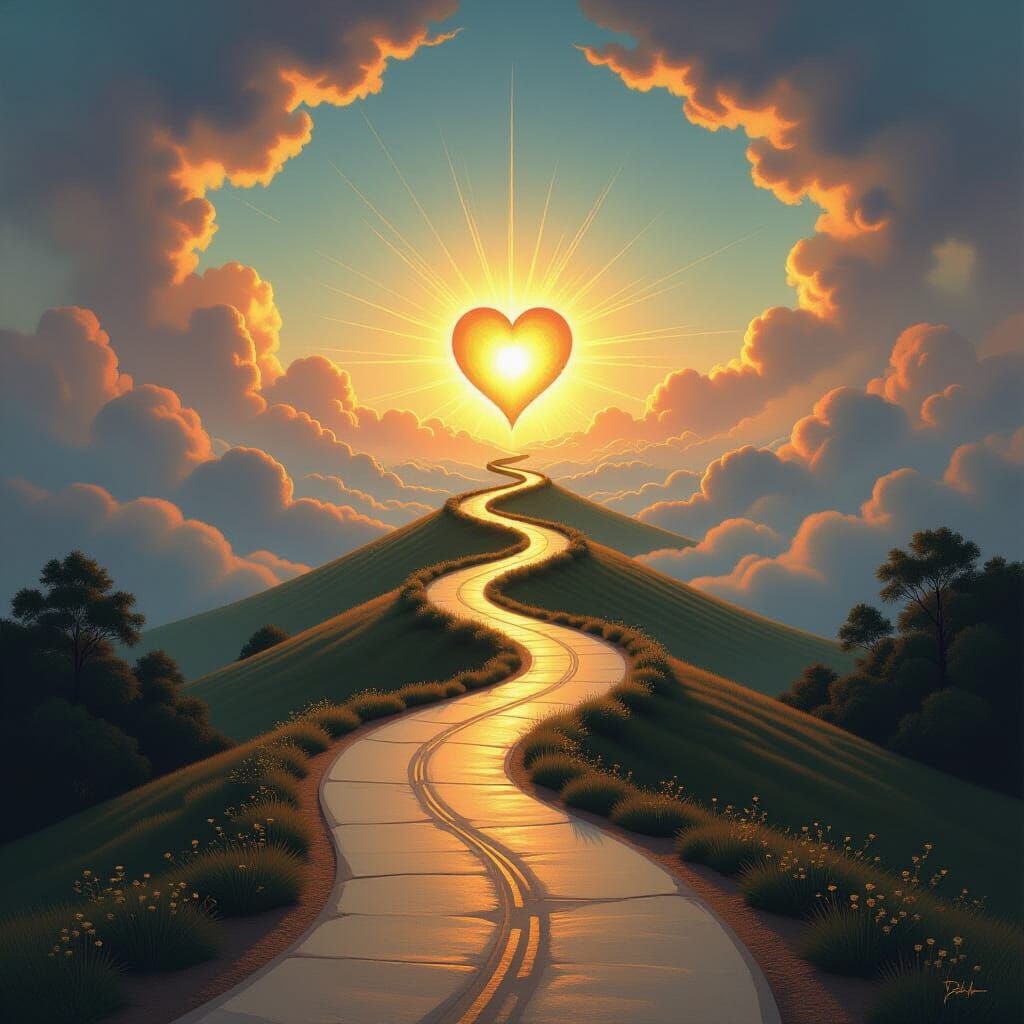 Mystical Path to Divine Heart Symbol in Surrealist Style