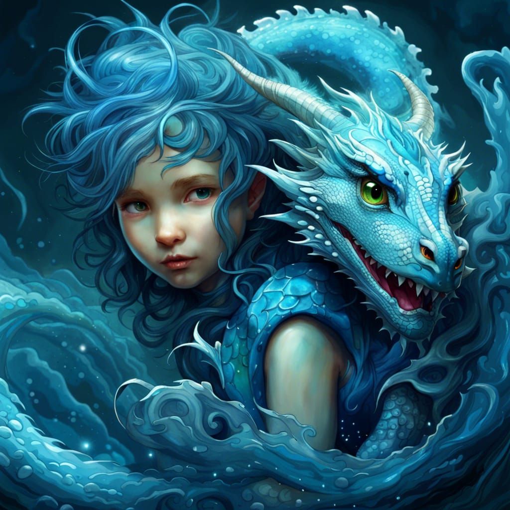 Cute Watergirl with her Dragon  by @Dever