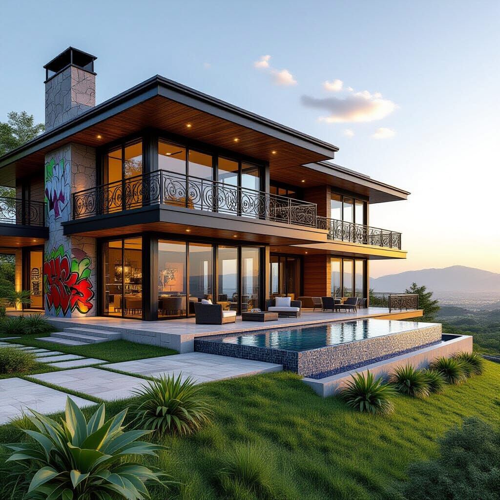 Imagine a grand mansion in the 21st century, differently shaped from the ordinary, sculptured garden with wrought-iron seating and cushions,... - Start Image 2