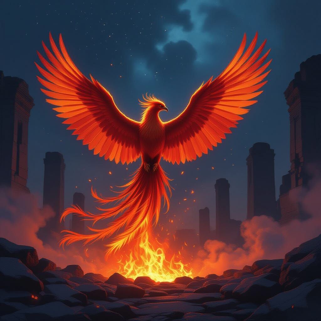 A majestic phoenix rising from a bed of glowing embers, its feathers a cascade of fiery oranges and deep crimsons. The scene is set against ...