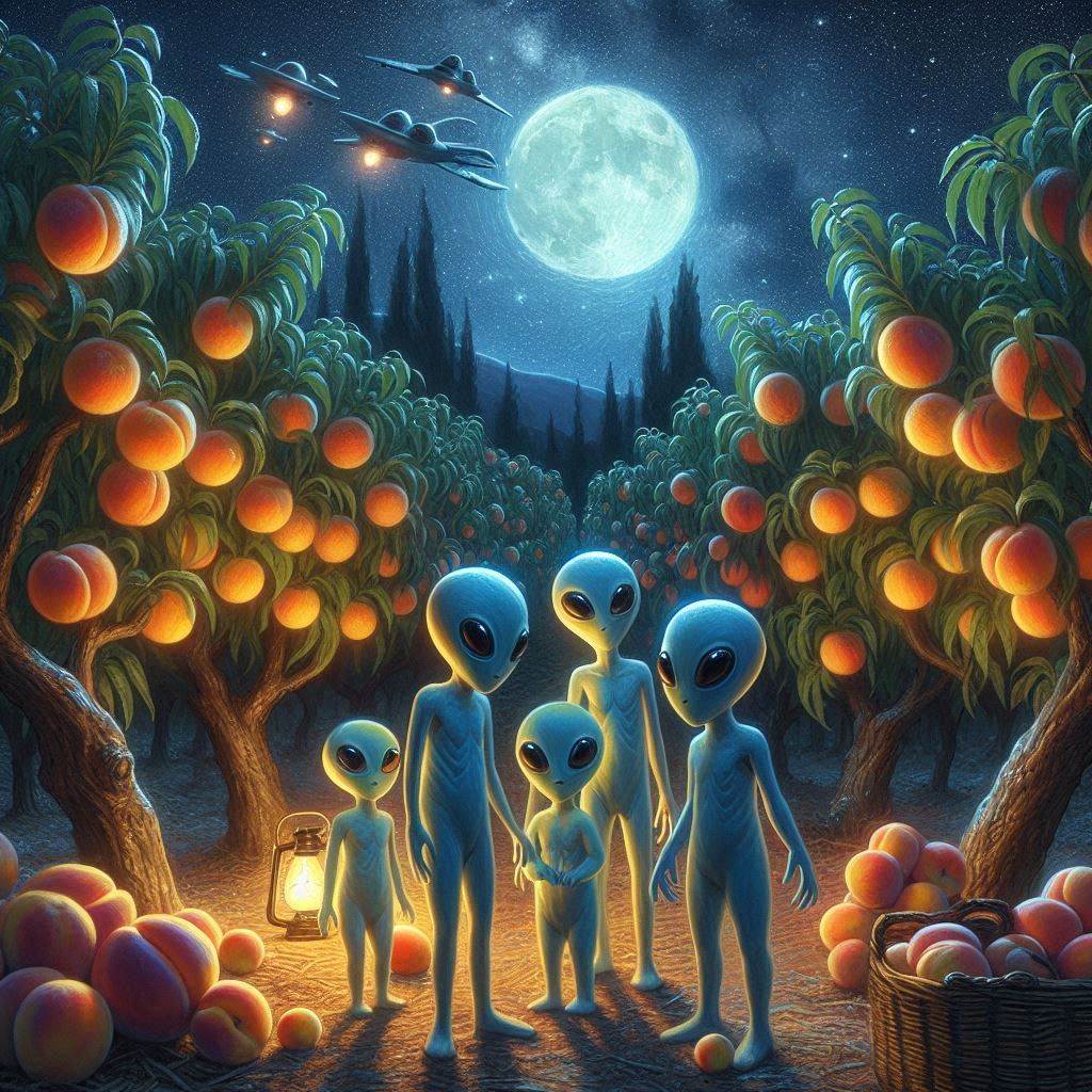 <lora:Alienss:1.0> <lora:Jaz World:1.0> Aliens in a Peach Orchard