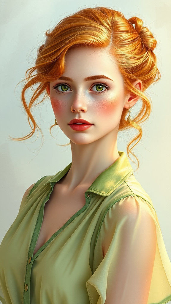A full-length, hyper-realistic masterpiece portrait of a vibrant strawberry blonde woman with captivating ...  by @undefined