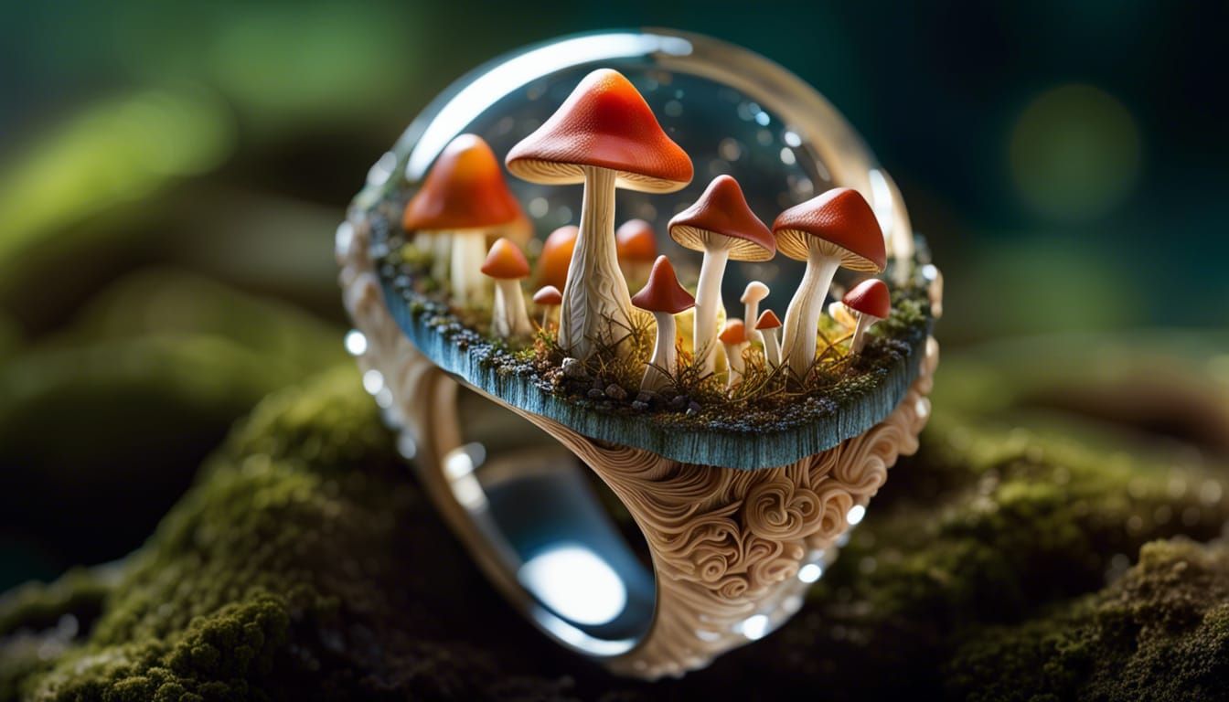 Amazing Macro shot of Resin Fairymushroomscape ring by Hasselblad X2D 100C, insanely detailed render ...  by @SteveCampsOut