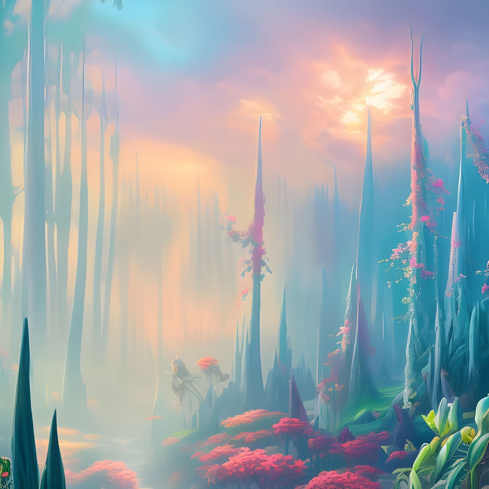 Brightly colored trees, forest, flowers