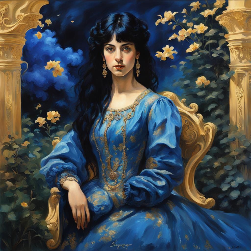painting portrait of a pretty young woman with black hair, blue, gold, pretty pose, elegant, garden, dark, in the style ...
