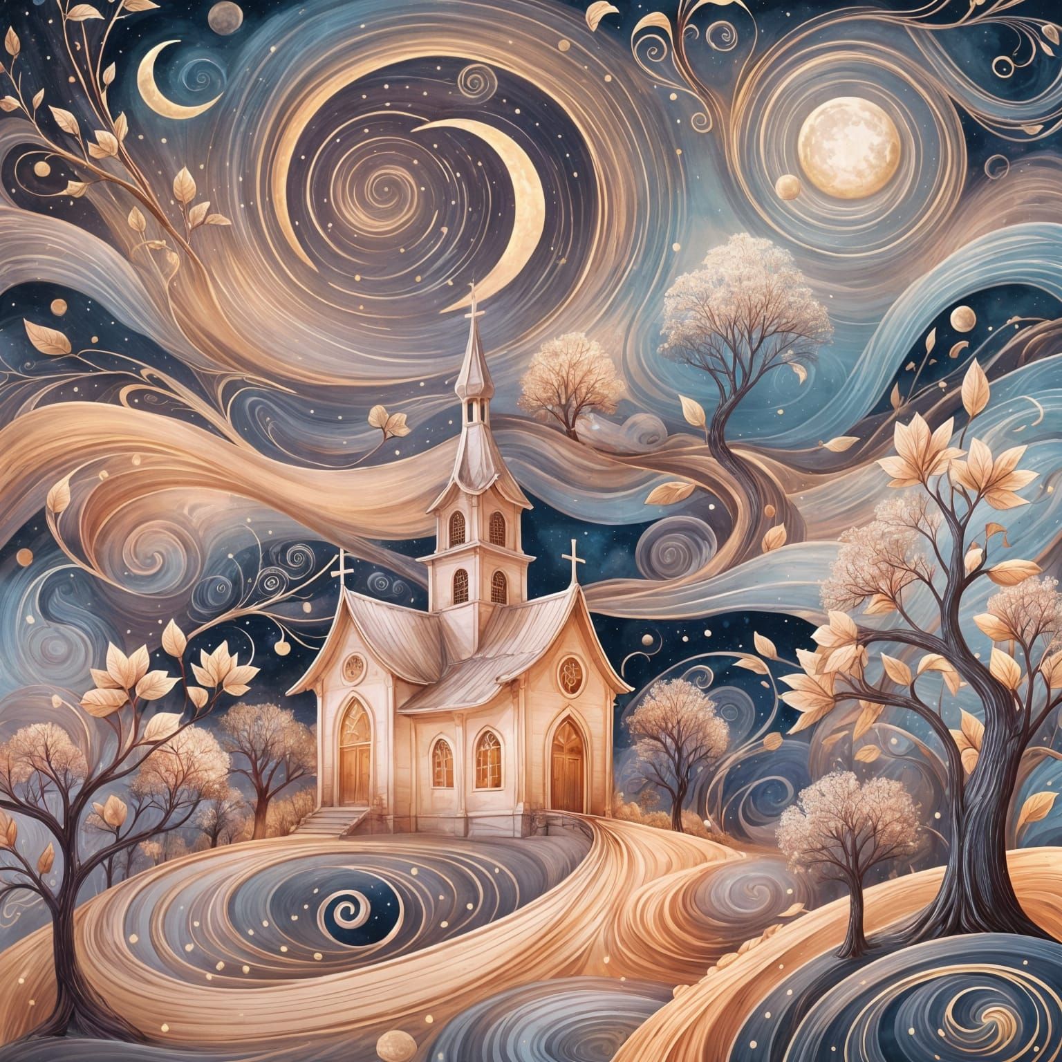 Golden Nightscape in Curvy Line Art Style