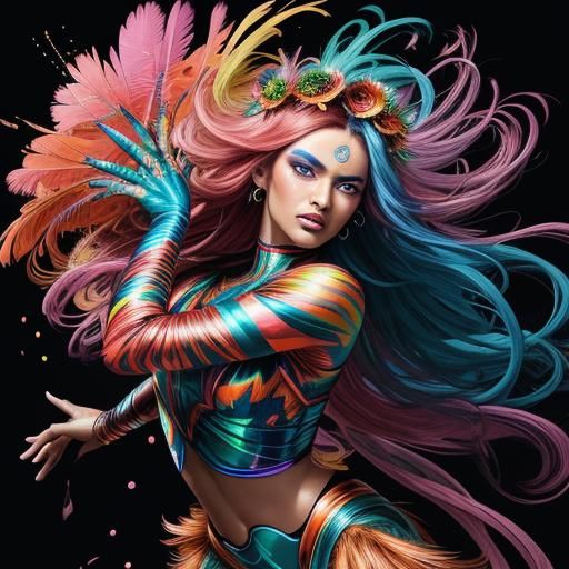 Beautiful woman with colourful rainbow skin, dark brown skin, peacock