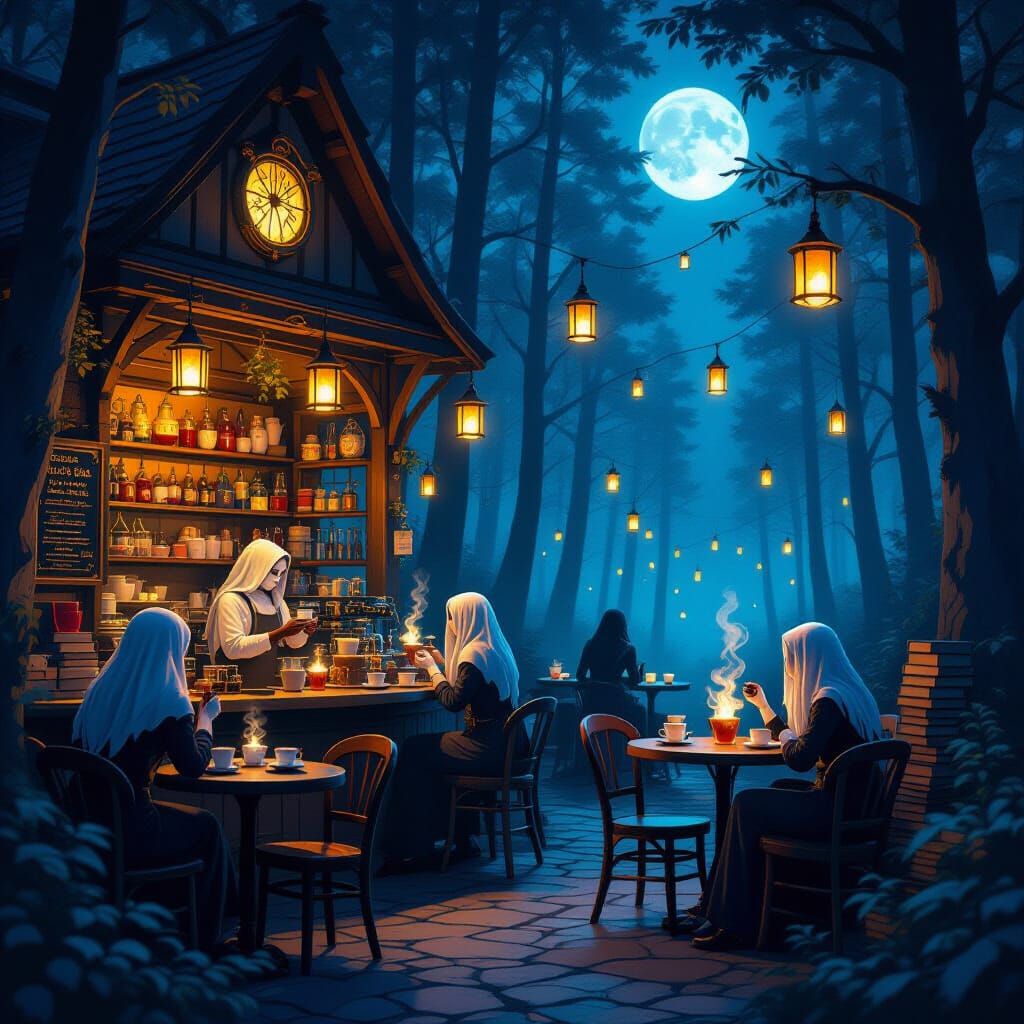 Au cœur de la forêt, un café aux fenêtres illuminées s’ouvre sous la lueur de la lune. Des lanternes ...  by @Virginie Fleuranceau