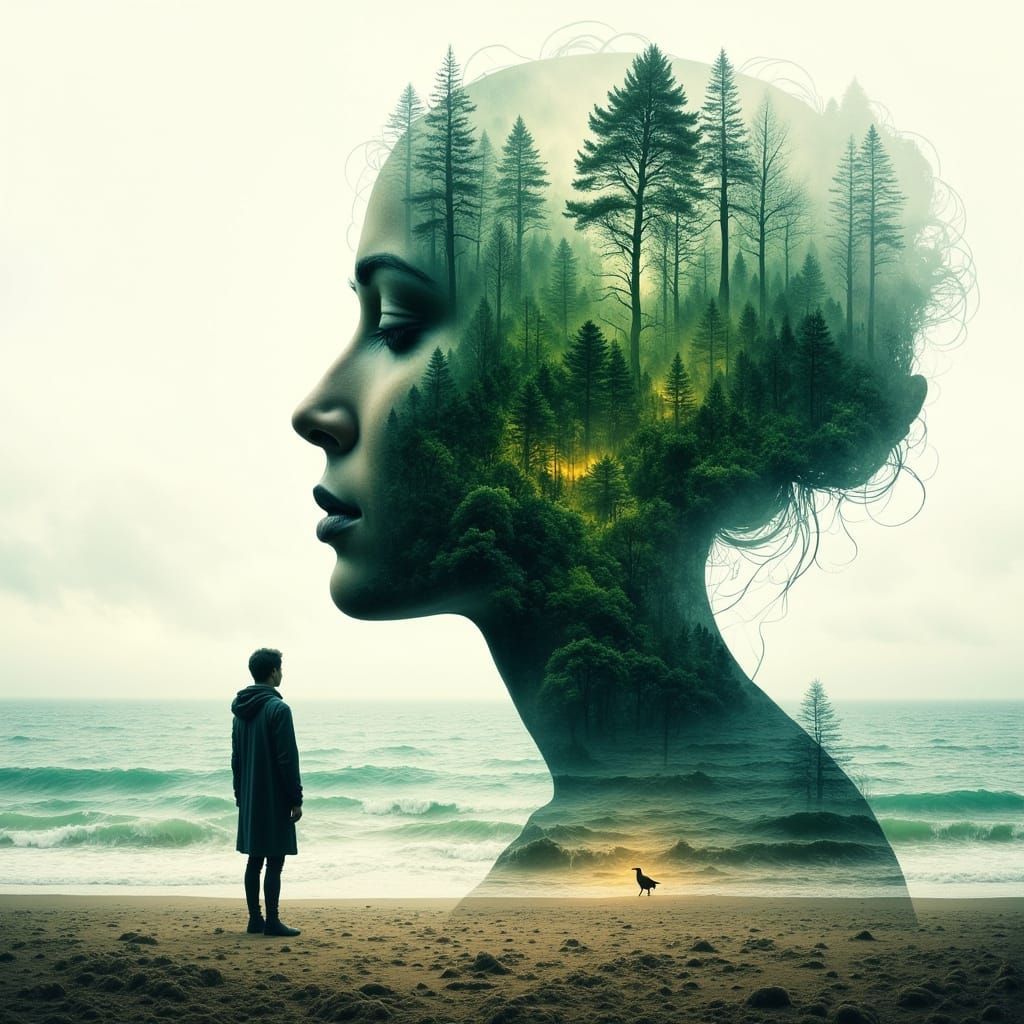 Stormy Beach Silhouette with Forest Double Exposure