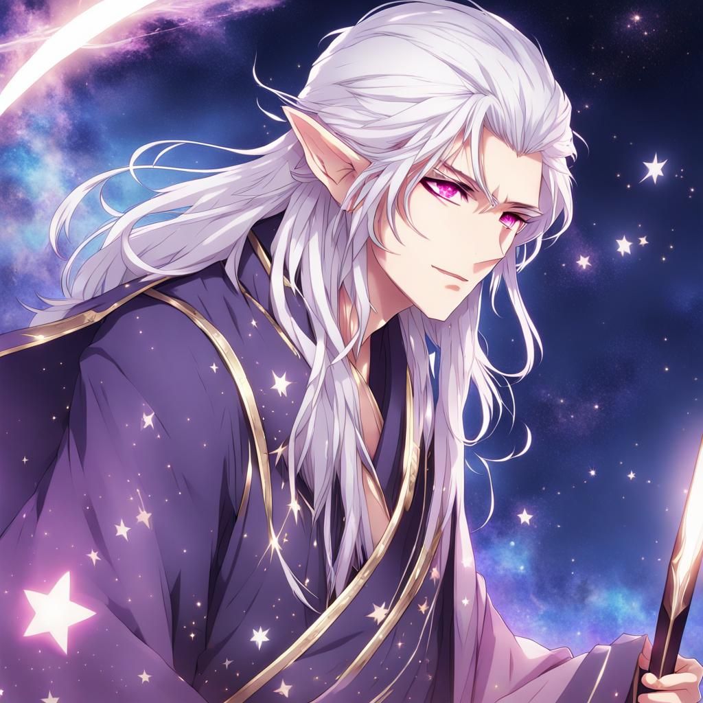 male elf with galexy filled robes pinkish purple eyes with stars in them  and a starry spear on its back long white hair - AI Generated Artwork -  NightCafe Creator