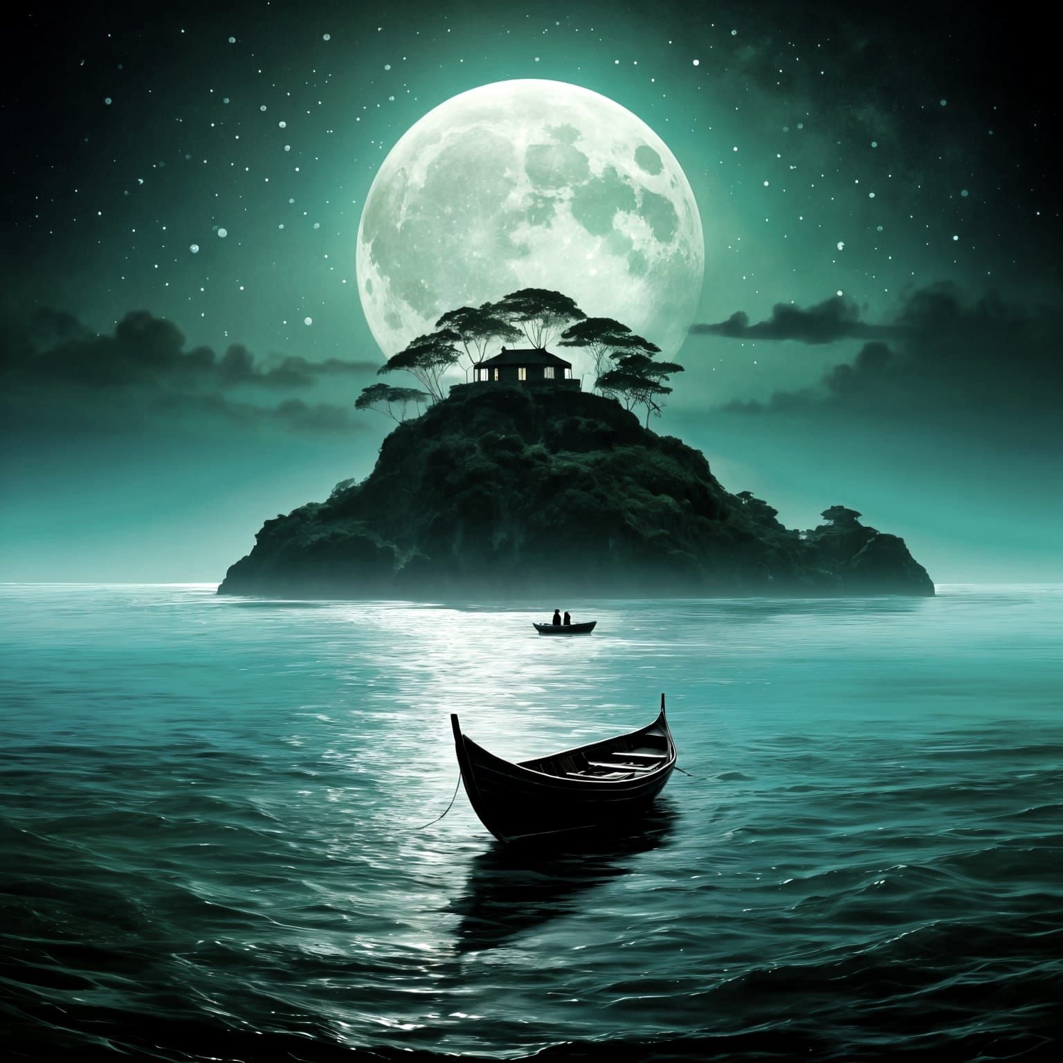 Stylised Magical Moonscape with Intricately Detailed Boat