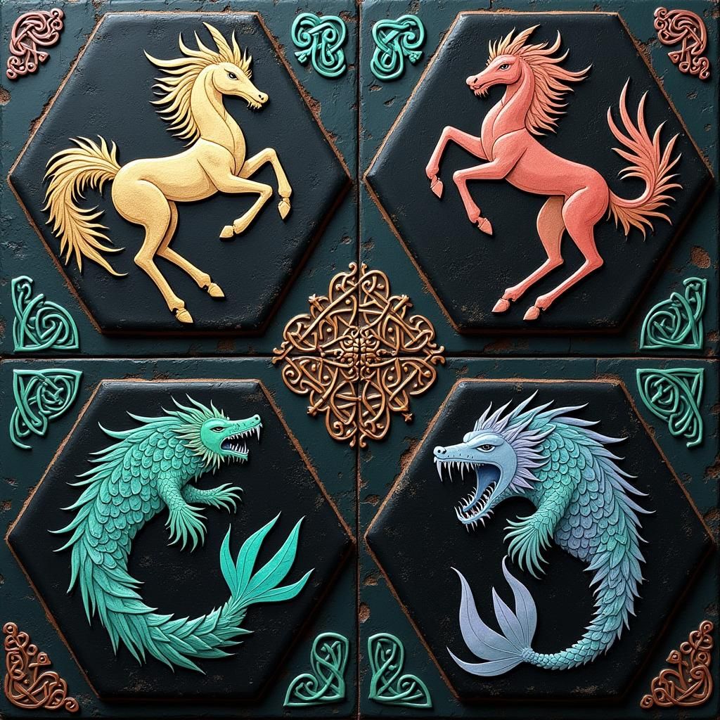 2D seamless texture: black hexagon shaped tiles, make the grout between tiles thick and teal color, include some multi-colored magical eleme...