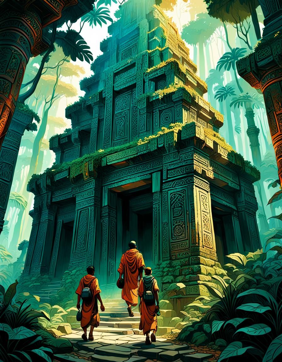 Temple Explorers in Vibrant, Intricate Detail