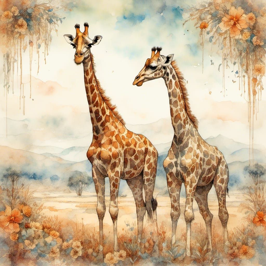 Whimsical Giraffes in Art Nouveau Impression Style