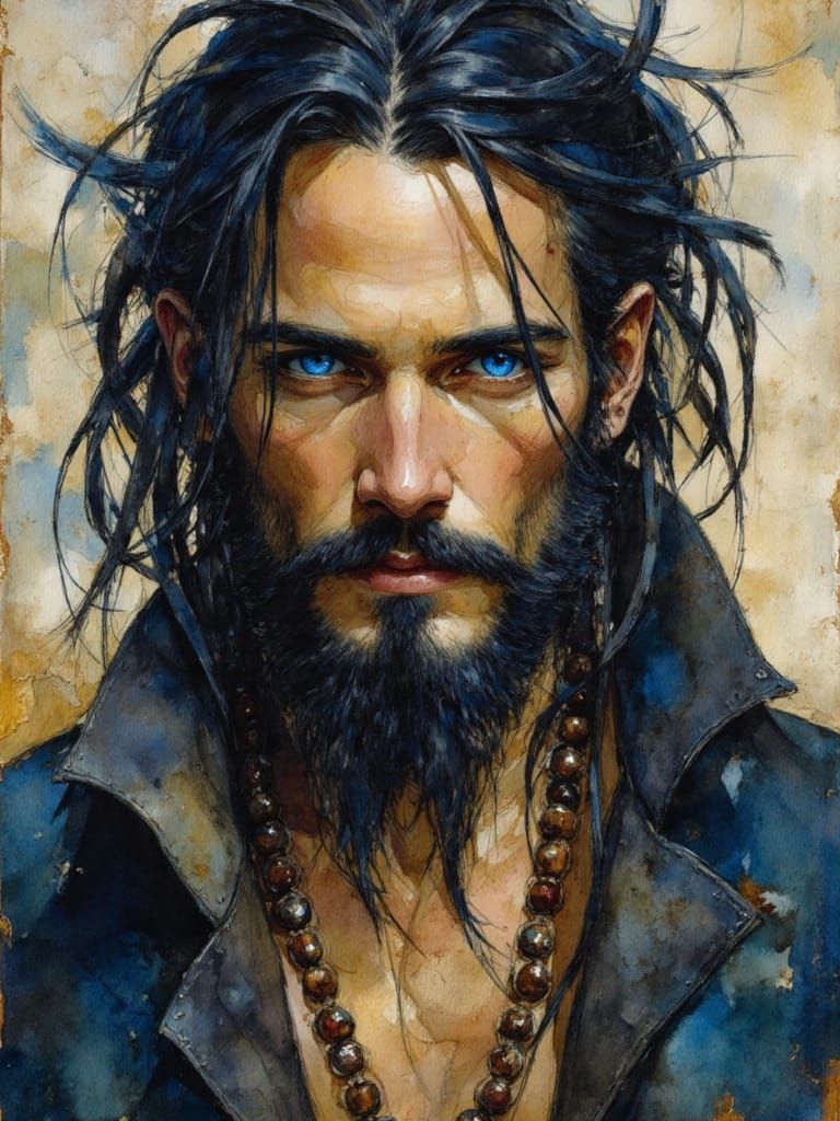 Oil painting, encaustic, empasto, pirate with textured dreadlocks, long black beard, beads, rough fabric jacket, stippled skin, rough skin, ...