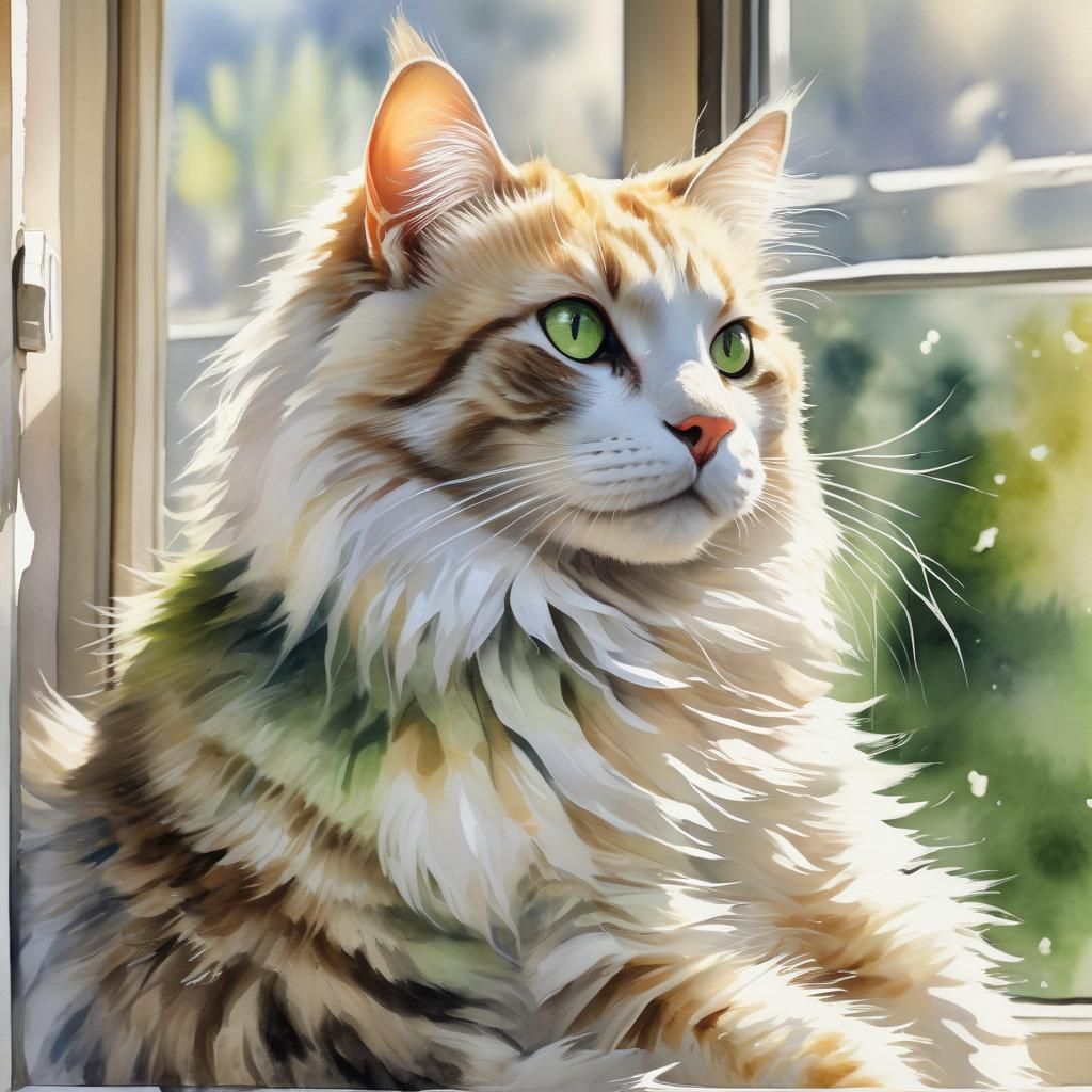 Whimsical Watercolor Cat on a Windowsill