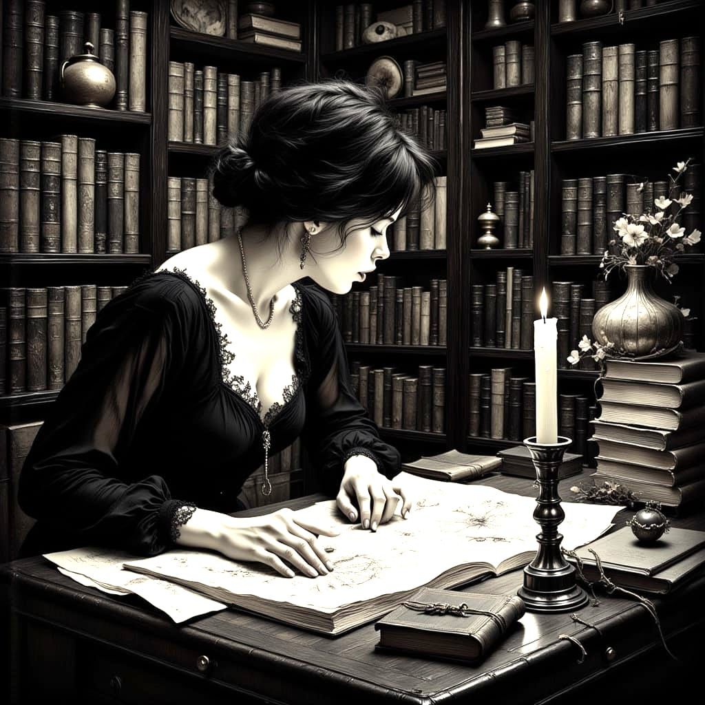 Dark Academia Woman Studying in Antique Library